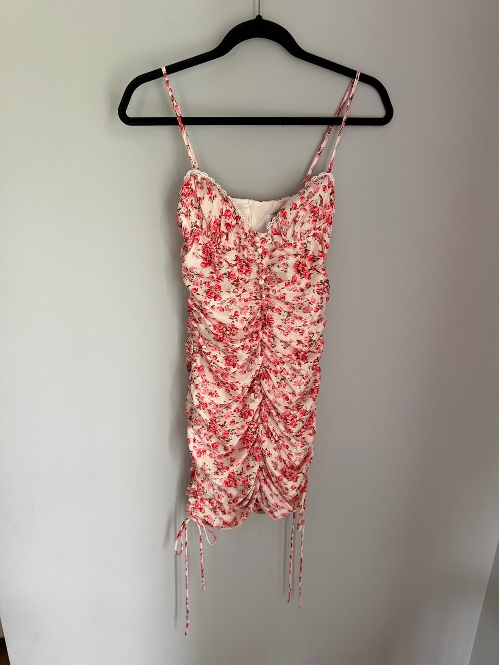 Princess Polly Floral Ruched Mini Dress US 8 Pink Red Drawstring Bodycon